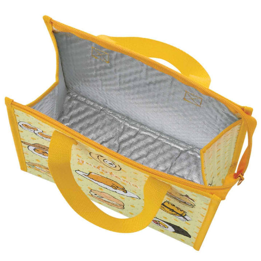 Open Gudetama lunch bag showing the silver-colored insulated lining