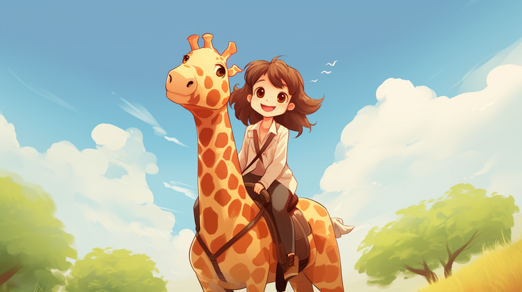 A young girl riding on a giraffe