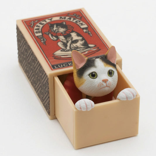Calico cat peeking out of its miniature matchbox
