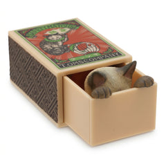 Siamese cat hiding inside its miniature matchbox