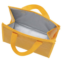Open Gudetama Face lunch bag showing the silver-colored insulated lining