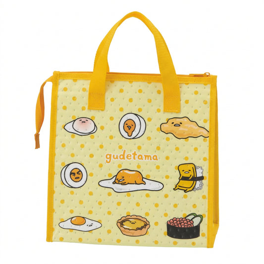 Reverse side of the Gudetama insulated lunch bag with egg and sushi artwork