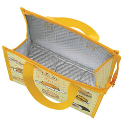 Open Gudetama lunch bag showing the silver-colored insulated lining