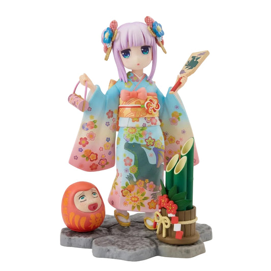 Kanna Kamui kimono figure with display base, kadomatsu and daruma