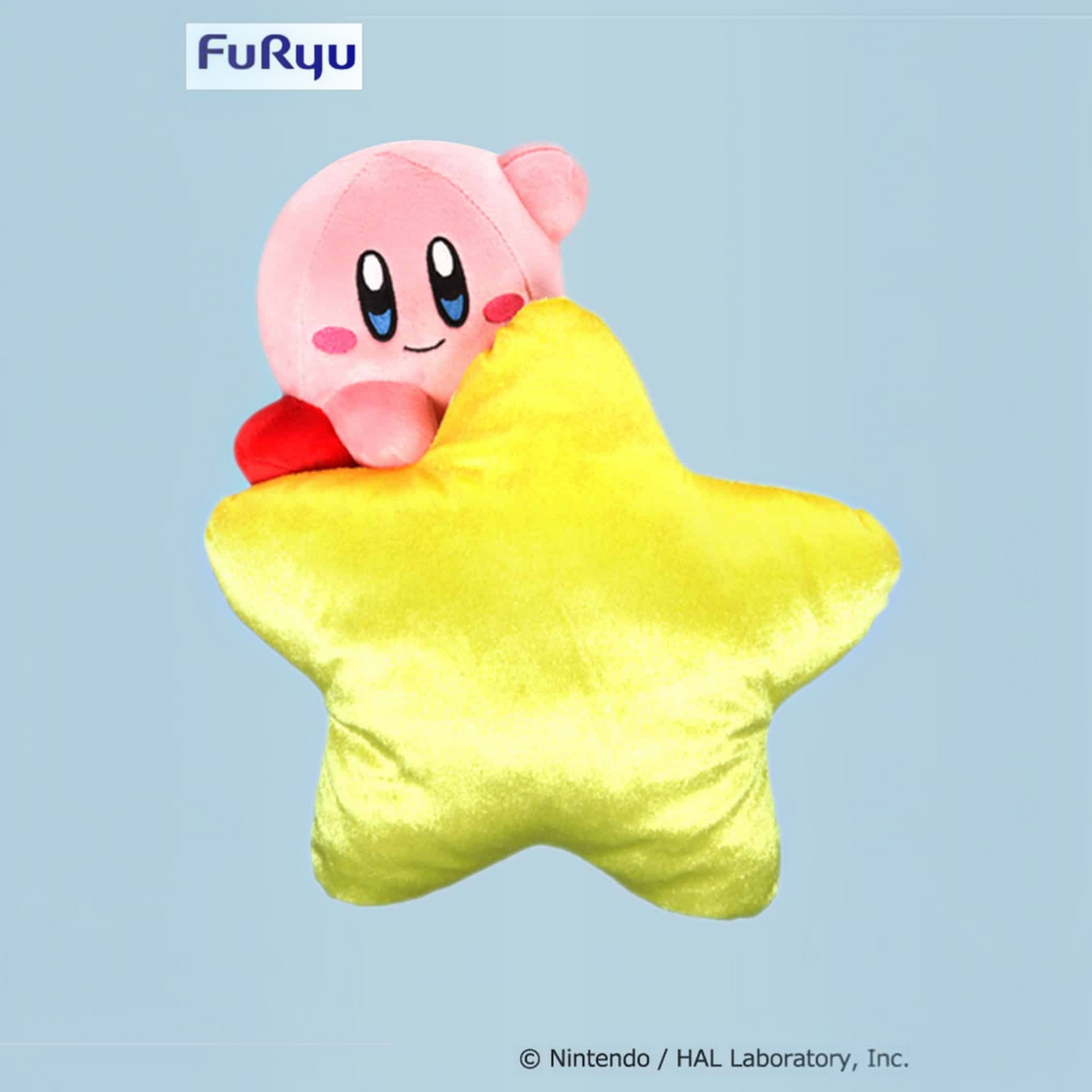 Otaku Boxes FuRyu Kirby plush holding a shiny yellow Warp Star with soft pink polyester fabric and red feet