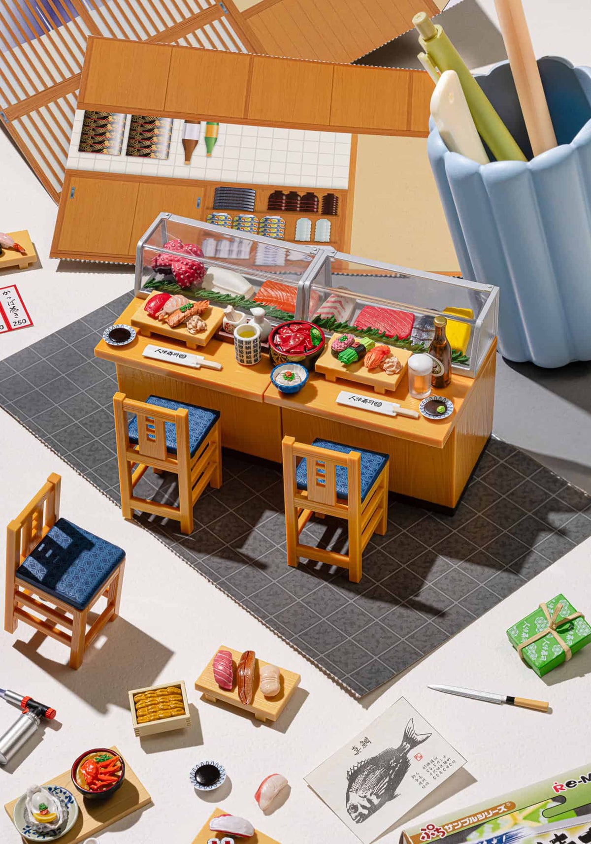 Re-Ment Sushi Restaurant miniature display; multiple sets shown for reference